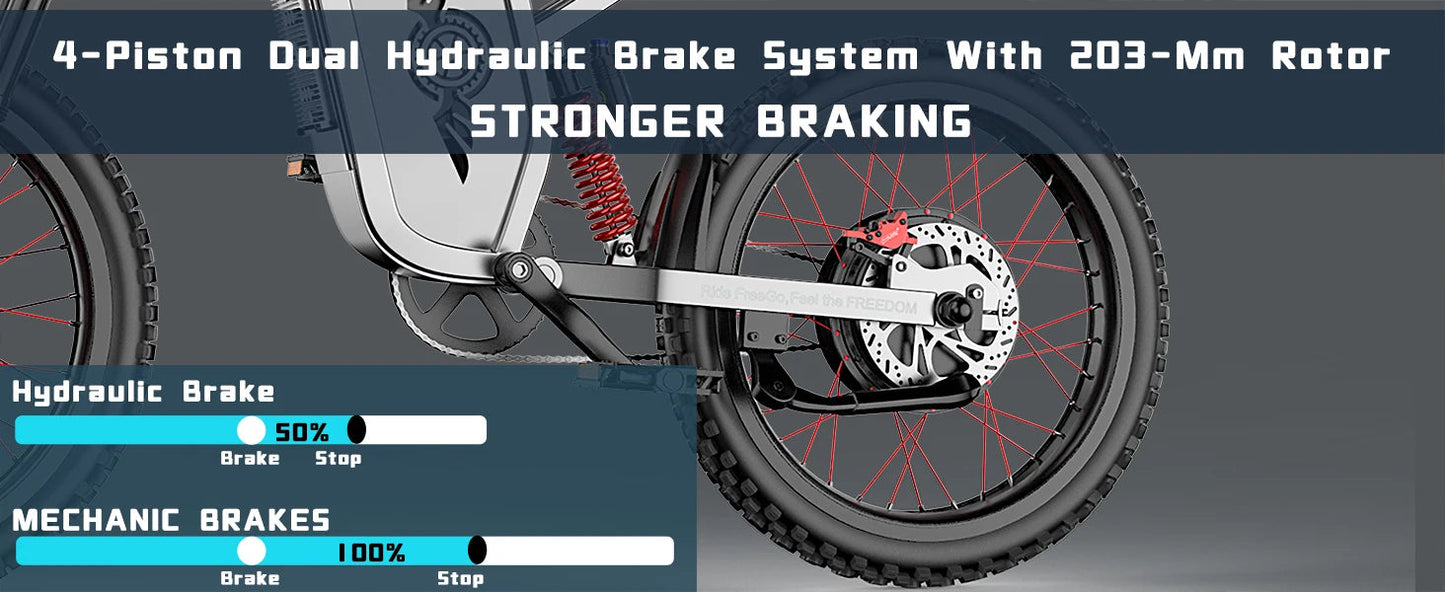 Four-Piston Hydraulic Brake Electric Dirt Bike 6000W Electric Motor 60V/30Ah 50MPH/7 Speed Off Road E-Bicycle Full Suspension Ai-TechWorld 