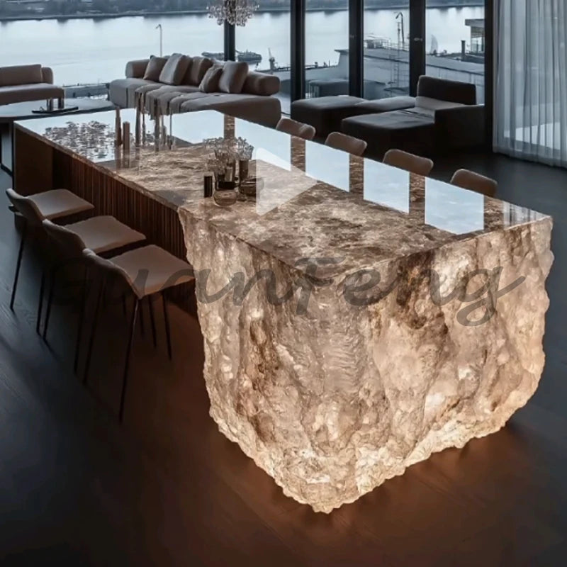 Premium Light Luxury Transparent Resin Hotel Front Desk Restaurant Villa Kitchen Partition Luminous Crystal Glacier Island Table Ai-TechWorld 