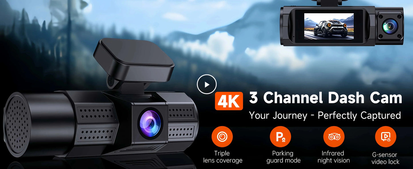 UHD 4K WiFi Dash Cam 3 Lens Driving Recorder Car DVR 1080P Rear Lens Camera  24H Parking Monitoring ADAS Function-oliday Gift Ai-TechWorld 