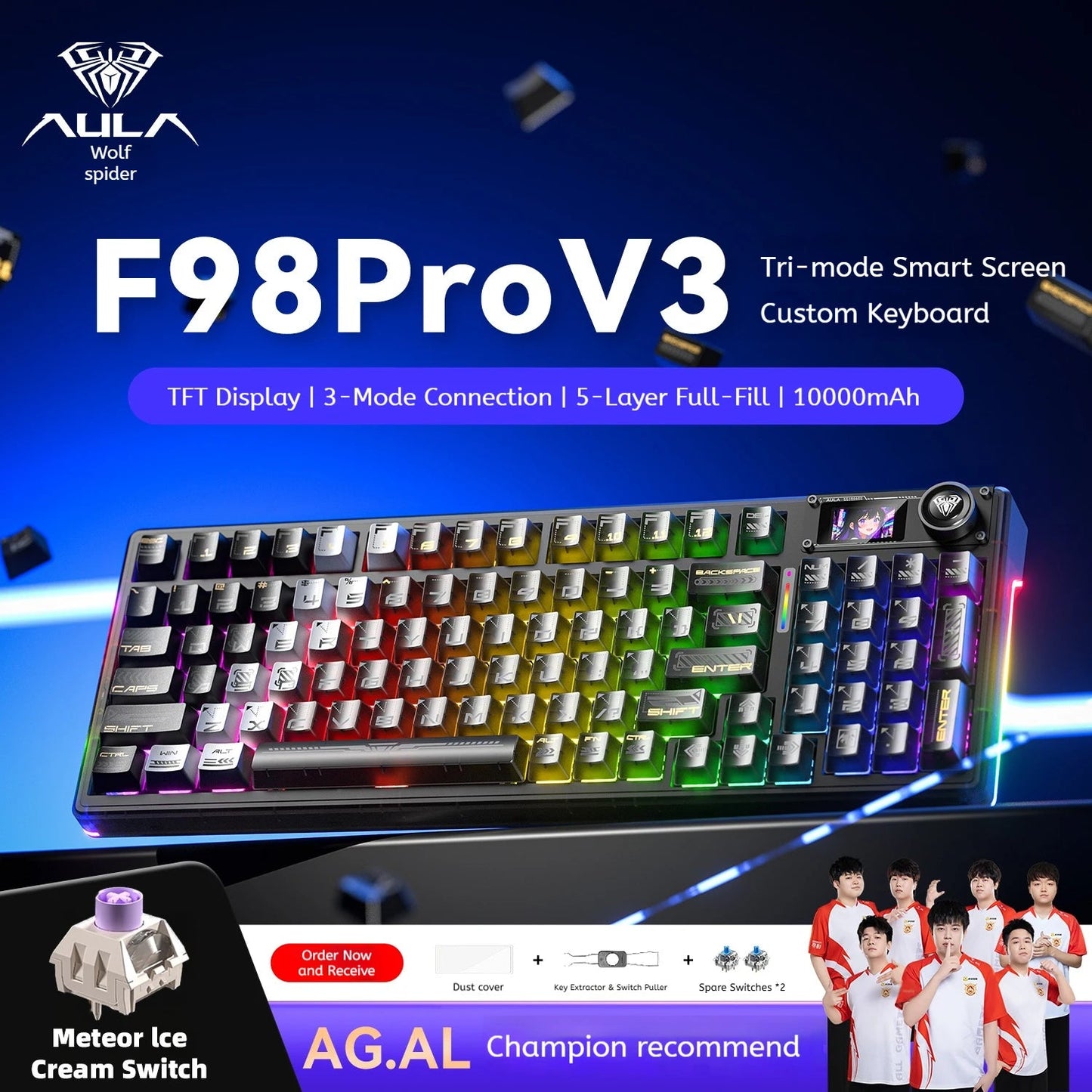 AULA F98 Pro V3 Mechanical Keyboard Custom RGB Backlight Wireless Bluetooth Gaming Keyboard With Screen and Knob Ai-TechWorld   ai-techworld