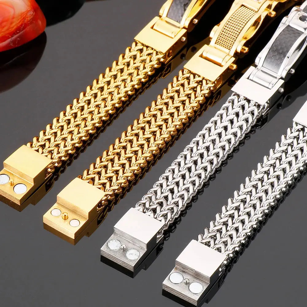 Luxury Bracelet for Men Gold 12MM Wide Stainless Steel Square Wrist Bracelets Ai-TechWorld 