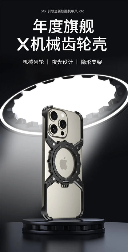 360° Stand X-shaped Mechanical For iPhone 17 14 13 15 16 Pro Max Plus gear Aluminium Magnetic Frameless Noctilucent Phone Cover Ai-TechWorld 