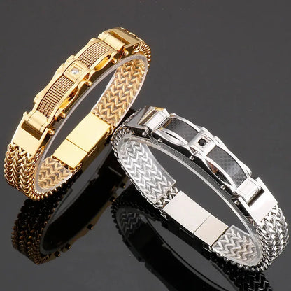 Luxury Bracelet for Men Gold 12MM Wide Stainless Steel Square Wrist Bracelets Ai-TechWorld 