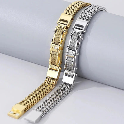 Luxury Bracelet for Men Gold 12MM Wide Stainless Steel Square Wrist Bracelets Ai-TechWorld 