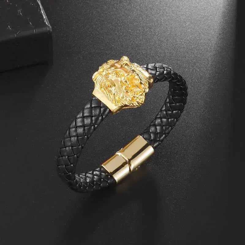 Domineering Lion Head Animal Hand-Woven Single-Layer Leather Magnetic Bracelet Hip-Hop Men's Trendy Jewelry Ai-TechWorld 