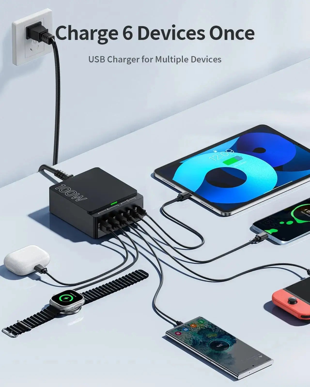 100W 6-Port GaN Quick Charge Hub - PD 3.0 Type C and USB A Charging Case - for Cell Phone Tablet Laptop Ai-TechWorld 