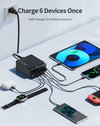 100W 6-Port GaN Quick Charge Hub - PD 3.0 Type C and USB A Charging Case - for Cell Phone Tablet Laptop Ai-TechWorld 