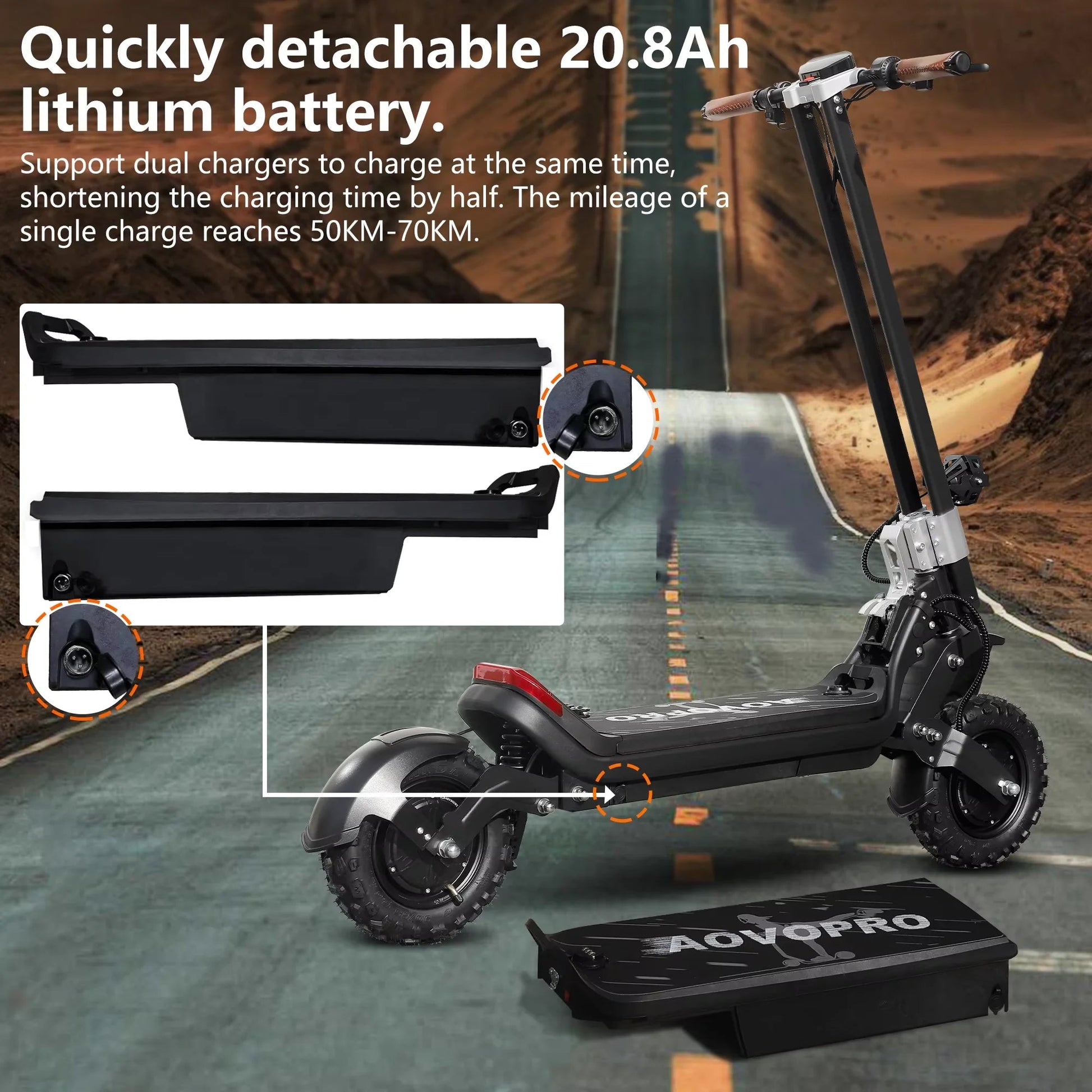 AOVOPRO G63 Electric Scooter 11 inch Off road 2400W Foldable 28mph Max Speed 60-75KM Max Range Electric Scooter for Adult Ai-TechWorld 