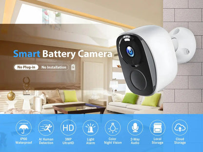 WIFI Survalance Camera 3MP Security Protection Outdoor IP Camera Smart Home Night Vision Video Recorder Battery Powered Ai-TechWorld 
