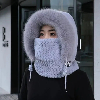 Autumn and Winter Women Thermal Plush Hat Hood Scarf and Mask Ear Protection Windproof Thick Design for Riding Outdoor Ai-TechWorld 