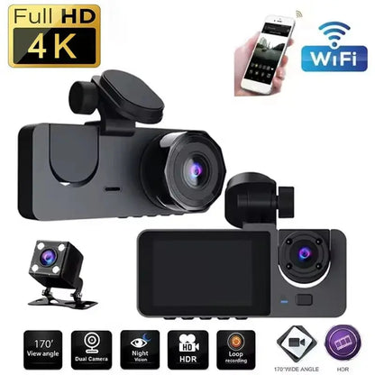 Car DVR 3Channel Dash Cam for Car 4K Video Recorder WIFI APP Dashcam Front and Rear View Camera Night Vision Car Accessories Ai-TechWorld 