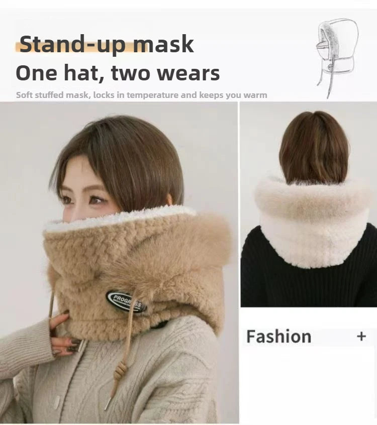 Autumn and Winter Women Thermal Plush Hat Hood Scarf and Mask Ear Protection Windproof Thick Design for Riding Outdoor Ai-TechWorld 