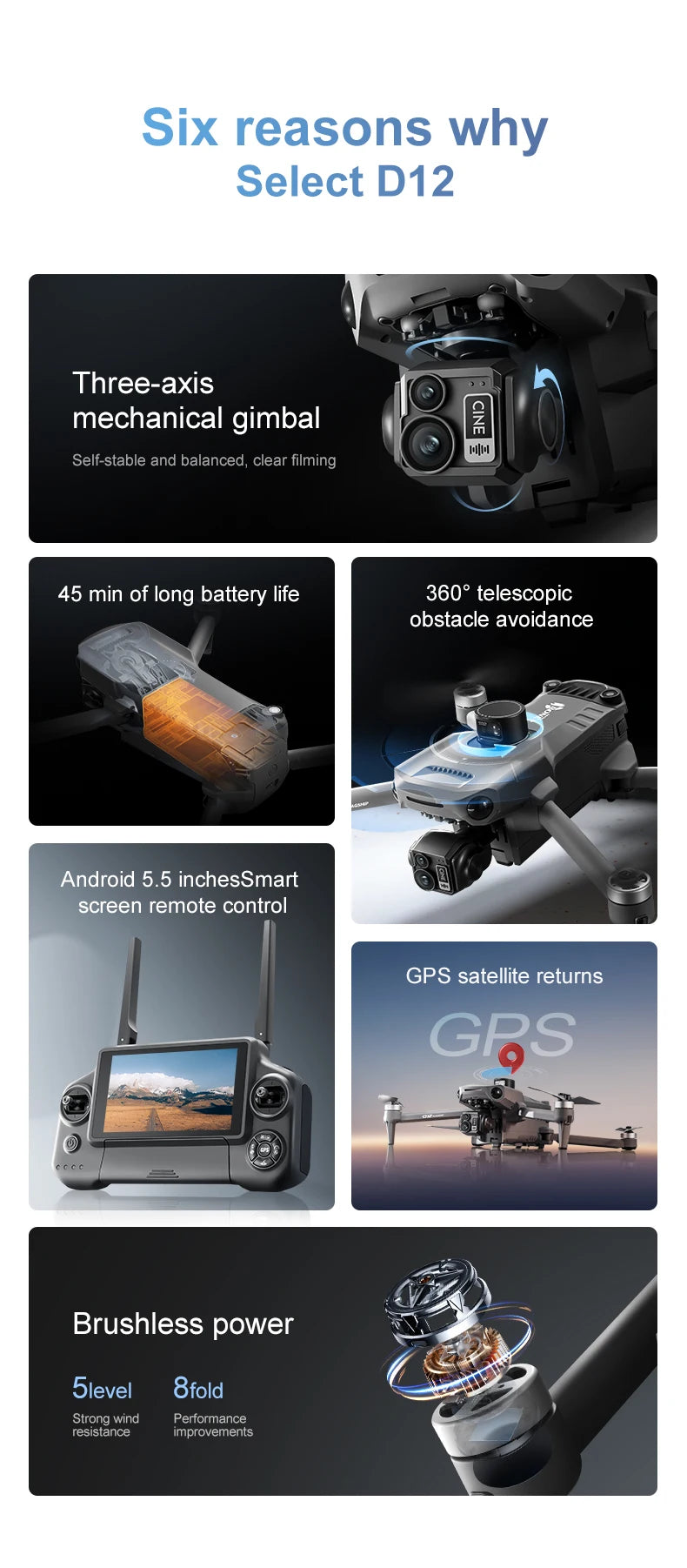 New D12 GPS Drone 3-Axis Gimbal With Touch Screen Profesional 8K HD Camera FPV Obstacle Avoidance Brushless Dron Toy for adult ﻿ Ai-TechWorld 