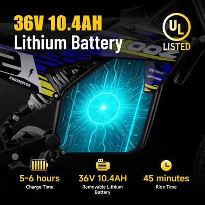 KOOZ HP112E PRO 36V 1000W Electric Motorcycle for Kids, Electric Dirt Bike Up to 20.6 MPH & 19 Miles Long-Range,UL 2849. Ai-TechWorld 