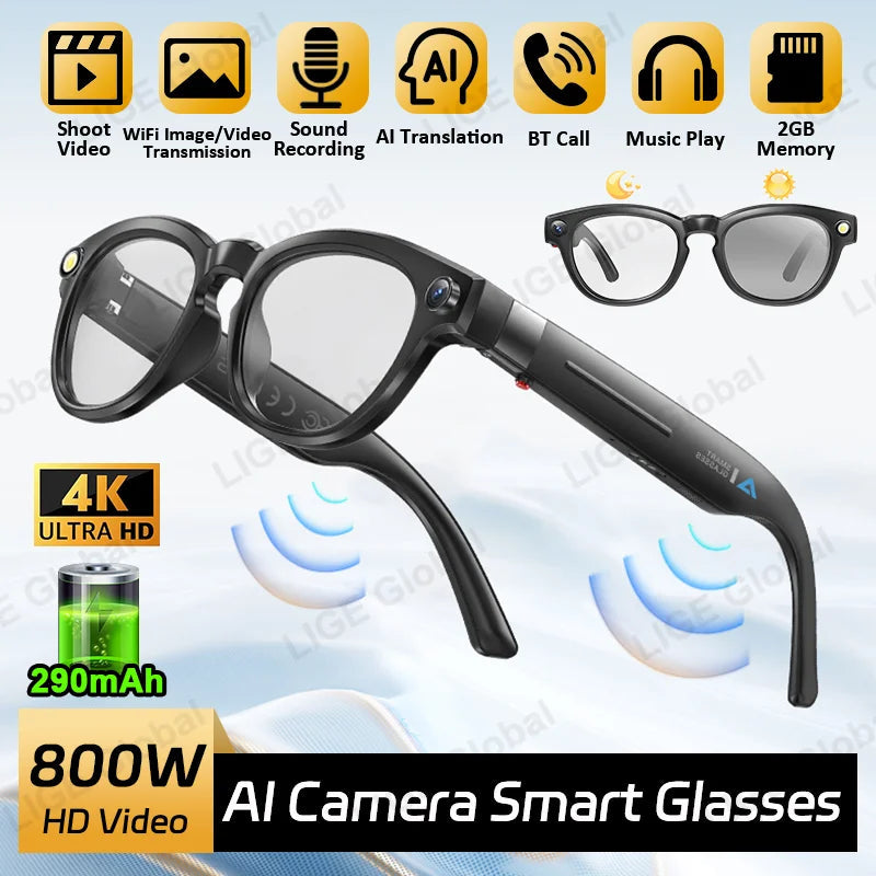 LIGE 4K 800W HD Camera Smart Glasses Recording Videos 290mAh AI Photo Recognition Chat Translation Bluetooth Photochromic Lenses Ai-TechWorld 