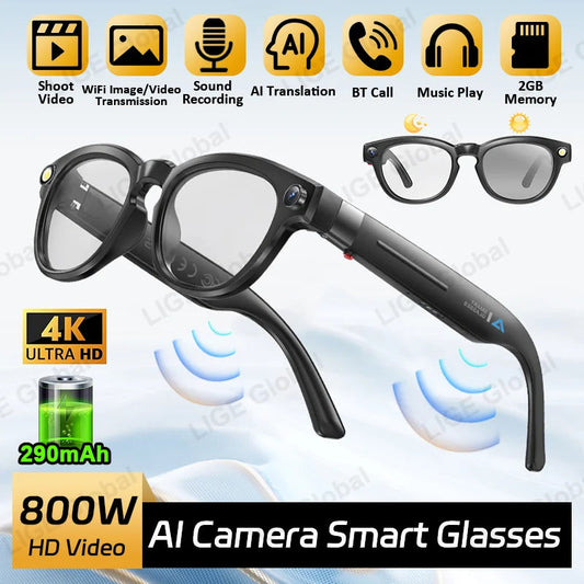 LIGE 4K 800W HD Camera Smart Glasses Recording Videos 290mAh AI Photo Recognition Chat Translation Bluetooth Photochromic Lenses Ai-TechWorld 