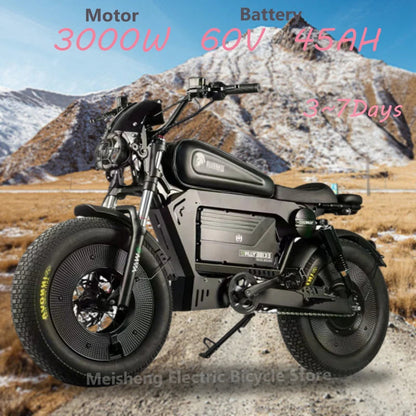 Ebike ZPW Black Warrior 3000W 60V 45AH Camping Motorcycle, Adult Electric Bike 20 Inch Fat Tire Electric Bike Ai-TechWorld 