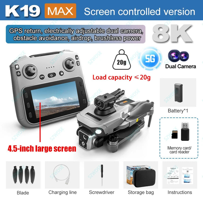 New K19 MAX GPS Drone Professional 8K Camera Aerial FPV Brush Avoiding Obstacle with Large Screen Remote Control Folding Drone Ai-TechWorld 
