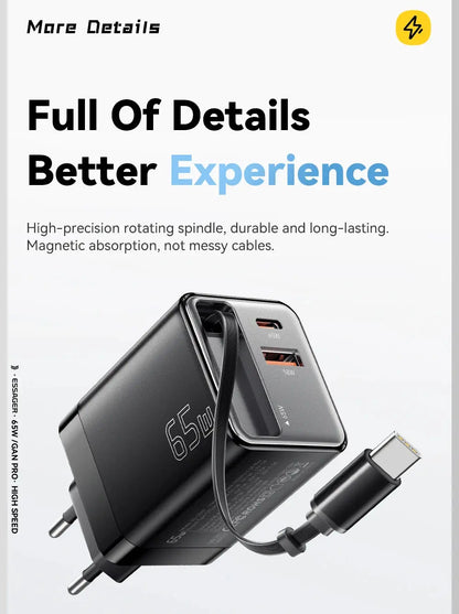 Essager 65W GaN Charger with Retractable Cable PD Fast Charging for Laptop Macbook iPhone 16 15 14 Xiaomi Type-C Phone Charger Ai-TechWorld 