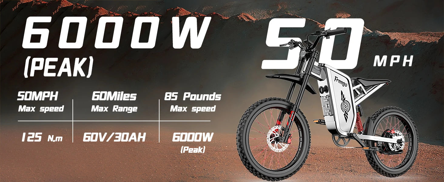 Four-Piston Hydraulic Brake Electric Dirt Bike 6000W Electric Motor 60V/30Ah 50MPH/7 Speed Off Road E-Bicycle Full Suspension Ai-TechWorld 