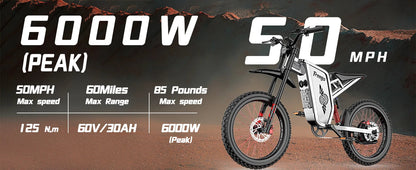 Four-Piston Hydraulic Brake Electric Dirt Bike 6000W Electric Motor 60V/30Ah 50MPH/7 Speed Off Road E-Bicycle Full Suspension Ai-TechWorld 