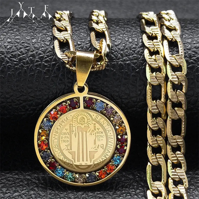 Colorful Crystal Saint Benedict Medal Necklace Women Men Stainless Steel Gold Color Chain Necklaces Jewelry San Benito N8391S05 Ai-TechWorld 