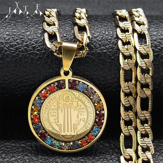 Colorful Crystal Saint Benedict Medal Necklace Women Men Stainless Steel Gold Color Chain Necklaces Jewelry San Benito N8391S05 Ai-TechWorld 