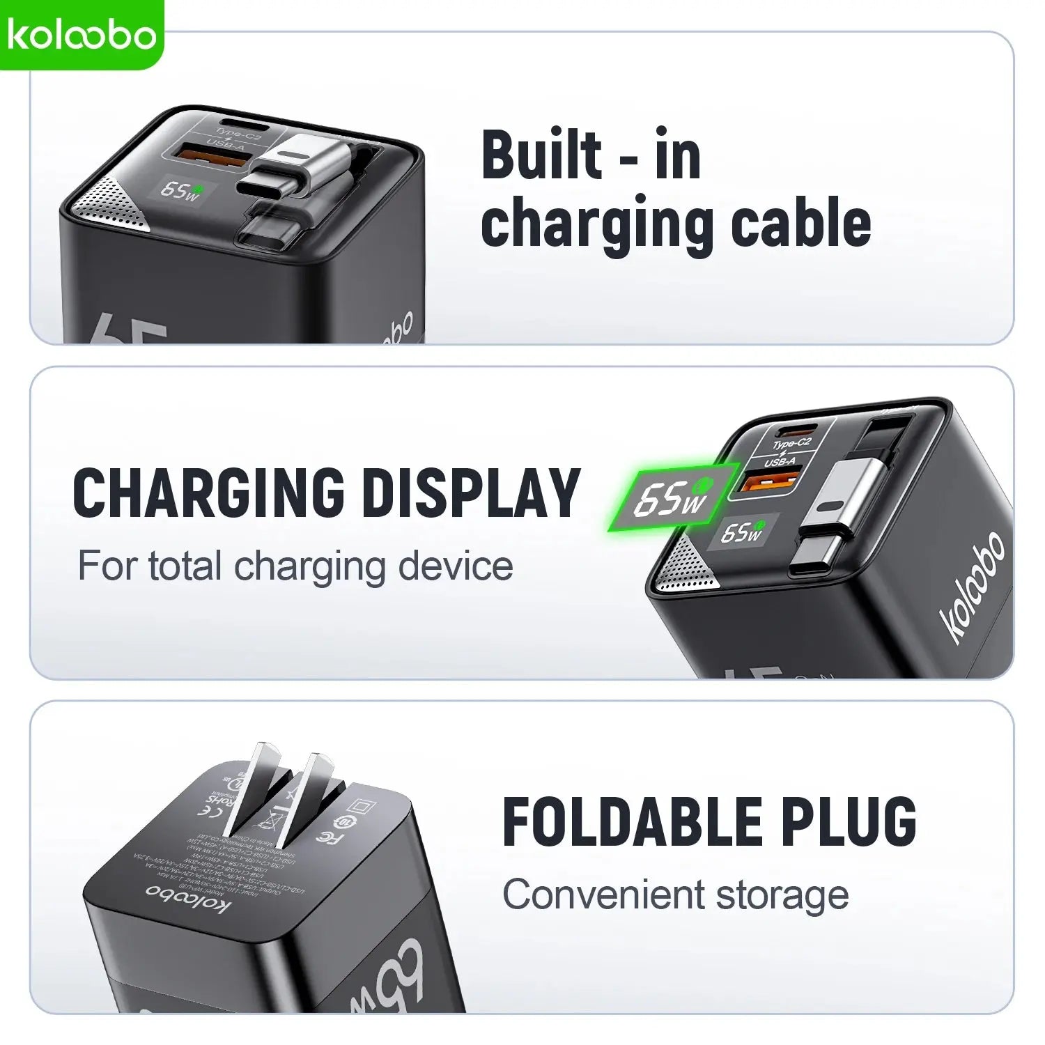65W GaN Fast Charger Three-Port Charging Head Built-in 80cm Retractable TypeC Cable for iPhone16 15 14 13 Promax Xiaomi Samsung Ai-TechWorld 