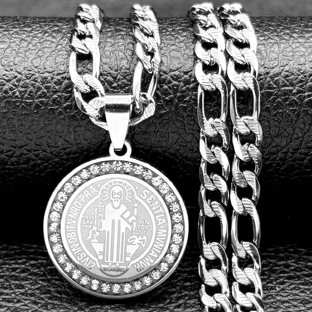 Colorful Crystal Saint Benedict Medal Necklace Women Men Stainless Steel Gold Color Chain Necklaces Jewelry San Benito N8391S05 Ai-TechWorld 