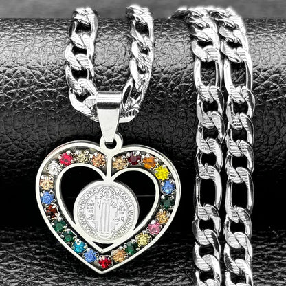 Colorful Crystal Saint Benedict Medal Necklace Women Men Stainless Steel Gold Color Chain Necklaces Jewelry San Benito N8391S05 Ai-TechWorld 
