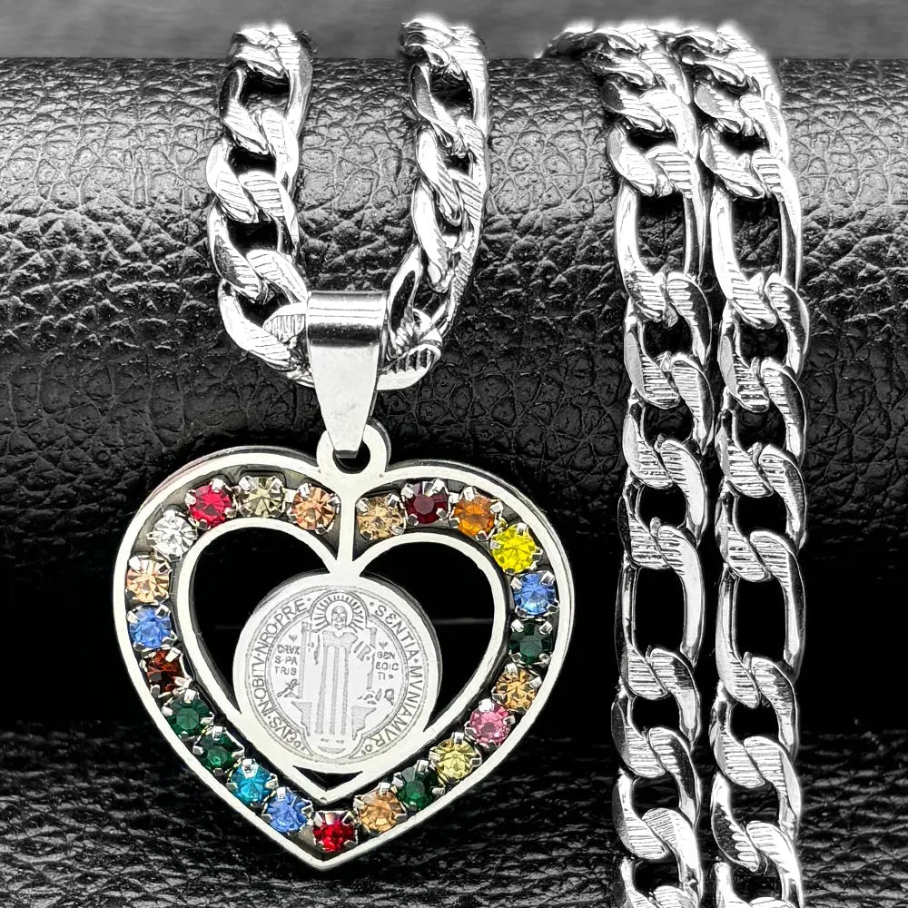 Colorful Crystal Saint Benedict Medal Necklace Women Men Stainless Steel Gold Color Chain Necklaces Jewelry San Benito N8391S05 Ai-TechWorld 
