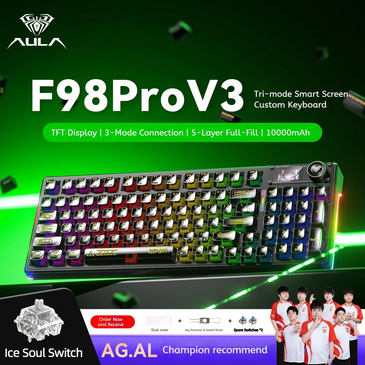 AULA F98 Pro V3 Mechanical Keyboard Custom RGB Backlight Wireless Bluetooth Gaming Keyboard With Screen and Knob Ai-TechWorld   ai-techworld