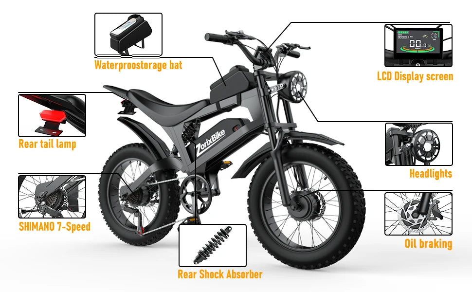 ZorixBike R8 Pro Electric Off-Road Bike 20x4" 3000W 35Mph 80Mile 48V 23Ah,7 Speed Wide Tire All Terrain E-Bike For Adult Ai-TechWorld 
