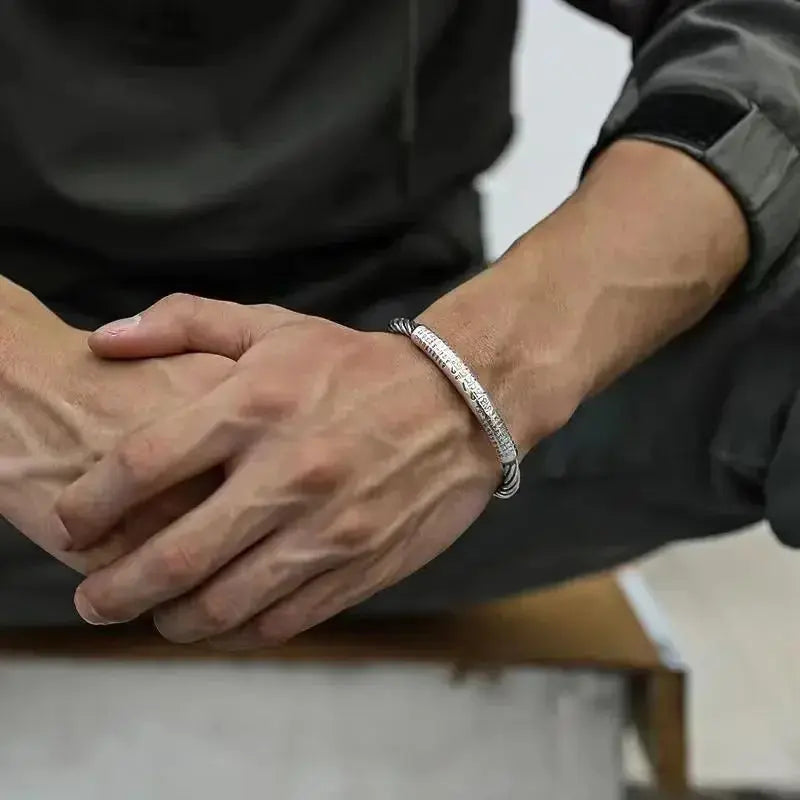 Retro Tibetan Six-Character Mantra Bracelet Scripture Lotus Opening Silver Plated Bracelet Twisted Line Men\\\'s Cuff Bracelet Ai-TechWorld 