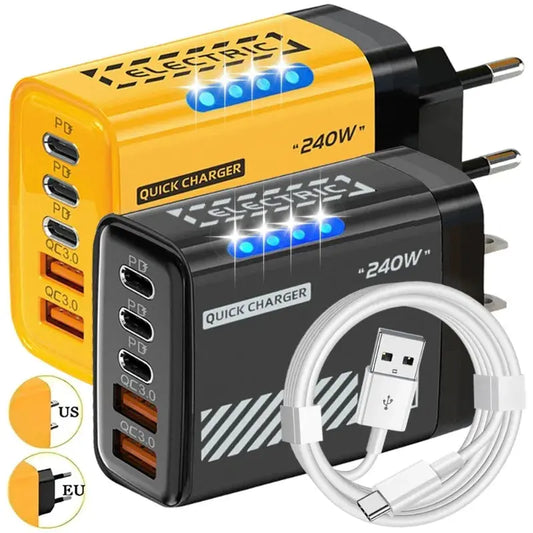 240W QC3.0 PD 5 Ports GaN Fast Charger US/EU Plug Phone Charging Head Adapter with LED Light for iPhone Samsung Huawei Xiaomi Ai-TechWorld 