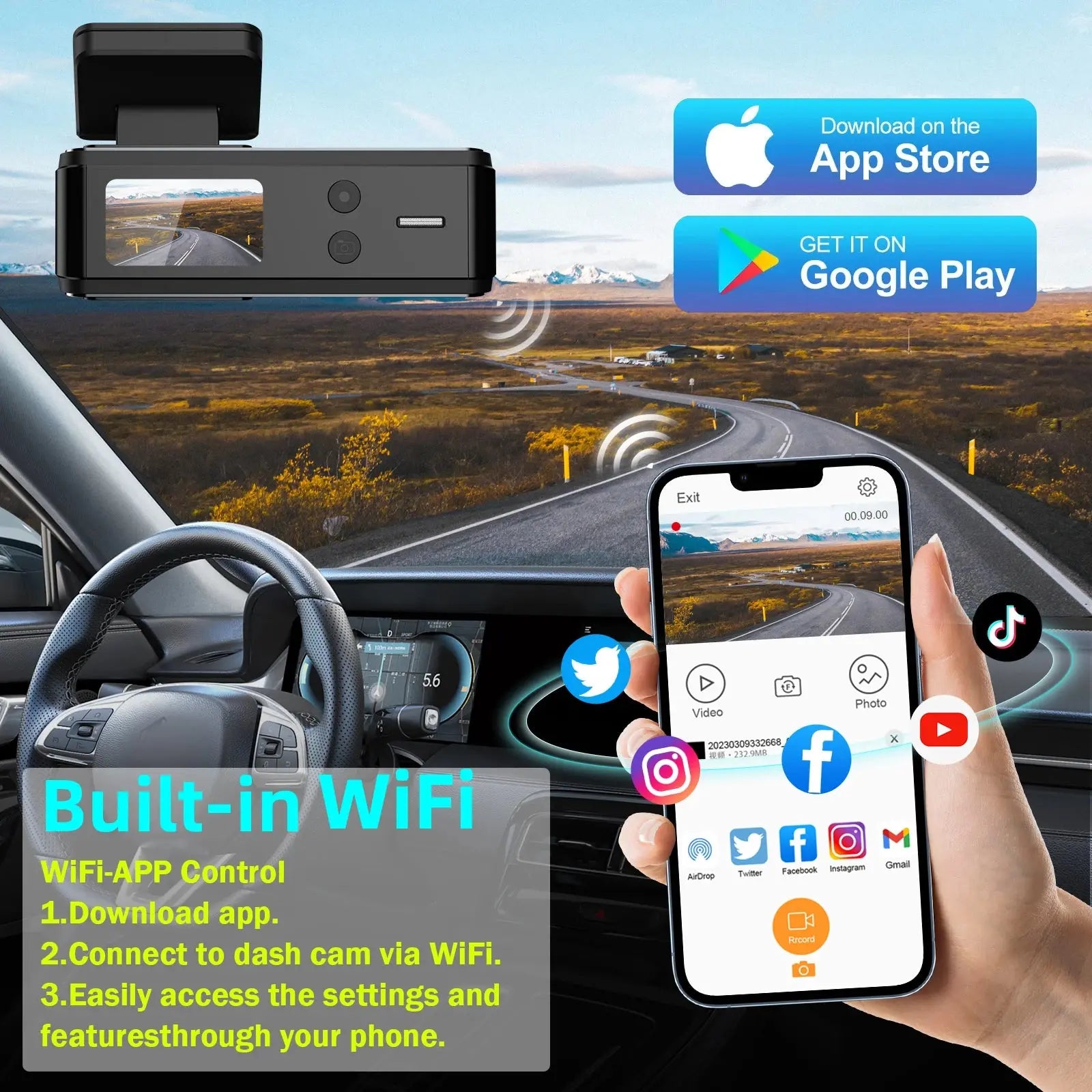 QOZ 4K UHD Dash Cam WIFI GPS Car DVR Front and Rear Dual Lens Auto Car Drive Recorder Night Vision G-Sensor 24H Parking Monitor Ai-TechWorld 