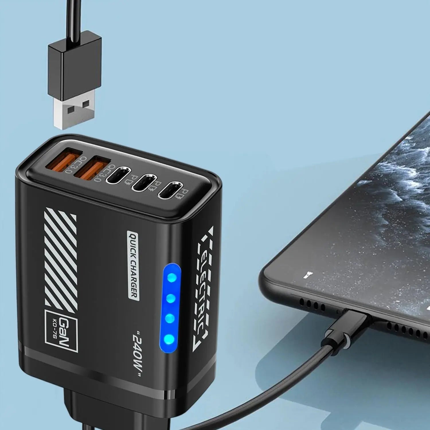Black multi-port USB charger with a smartphone on a light blue background