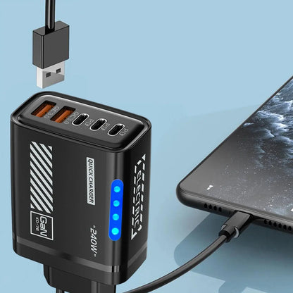 Black multi-port USB charger with a smartphone on a light blue background