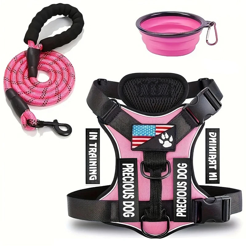 Service Dog Harness & Leash Set with 1pc Folding Bowl Reflective Adjustable Dog Vest Harness Soft Oxford Pet Harness For Small M Ai-TechWorld 