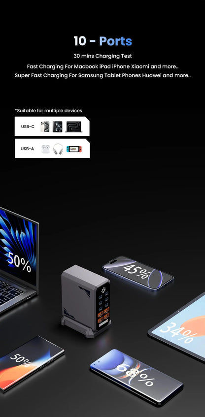 660W GaN USB Charger Station 10 Port Desktop Fast USB Type C Charger 140W PD3.1 PPS Quick Charger For Macbook iPhone 16 Samsung Ai-TechWorld 