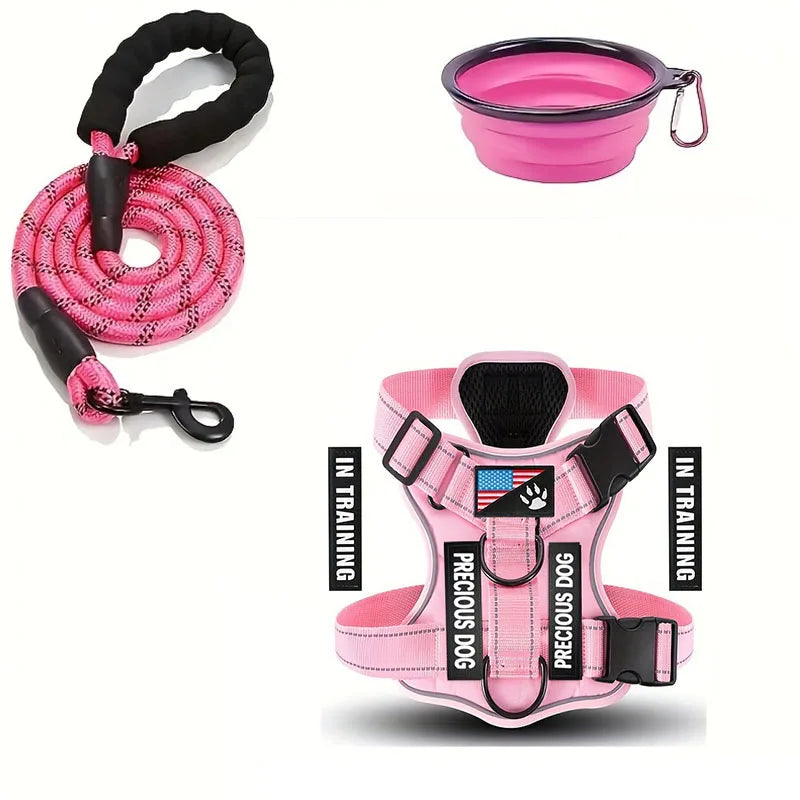 Service Dog Harness & Leash Set with 1pc Folding Bowl Reflective Adjustable Dog Vest Harness Soft Oxford Pet Harness For Small M Ai-TechWorld 