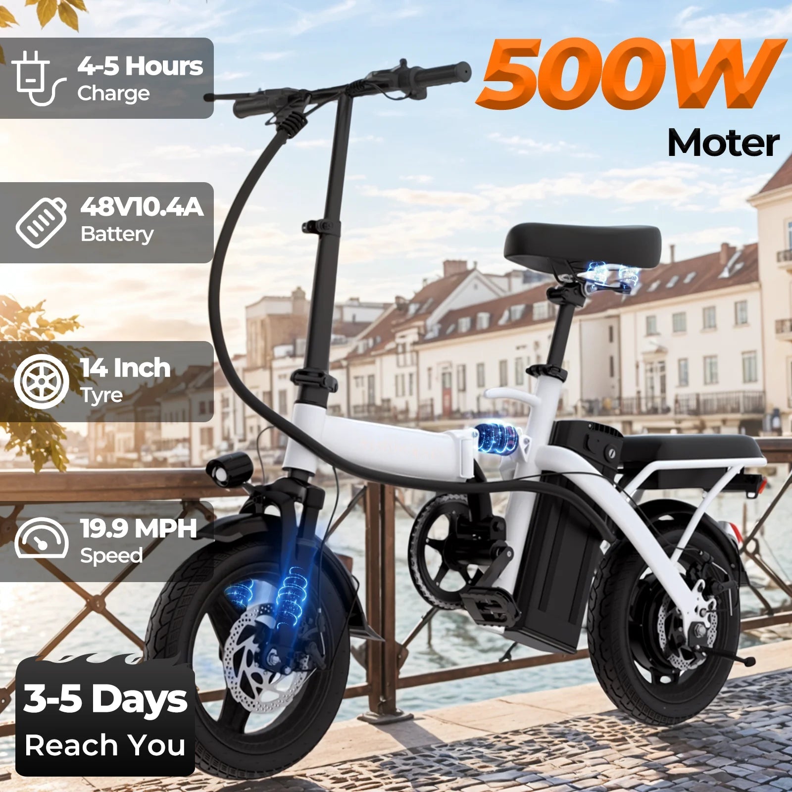 14-inch electric bike, easy to fold, adult commuter electric bike, 500W motor, removable battery, 20-mile maximum range Ai-TechWorld 