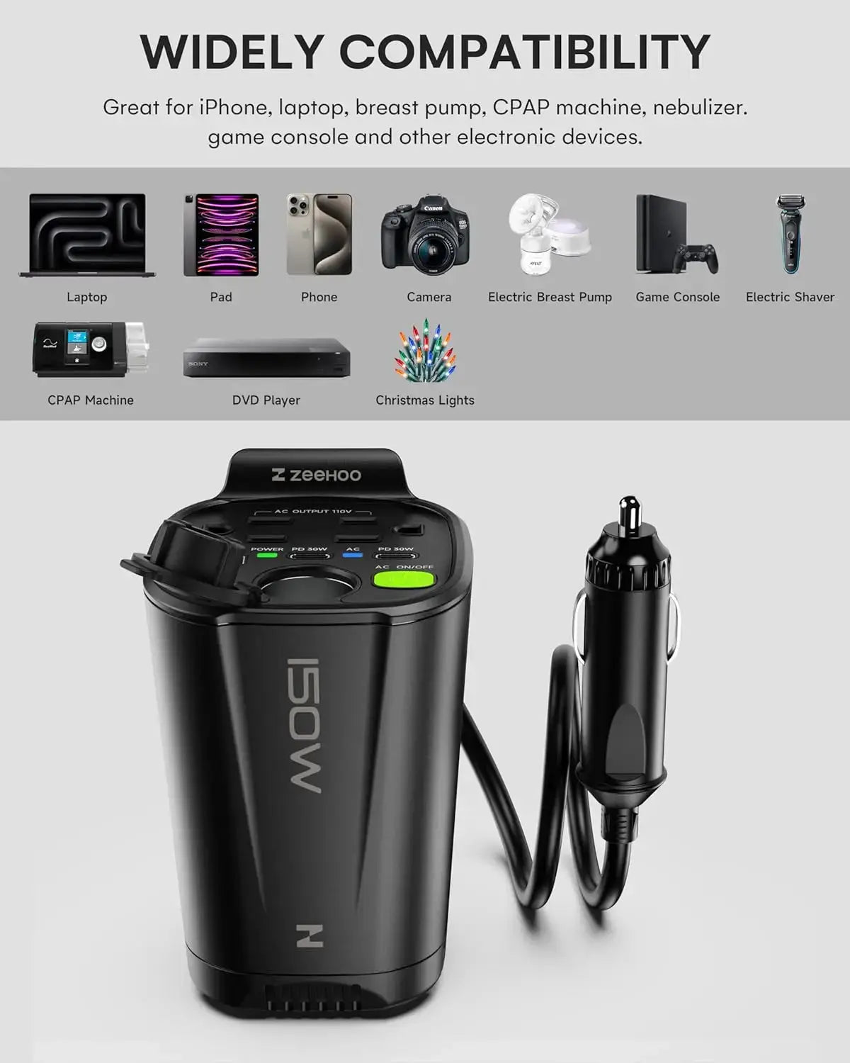 150W Car Power Inverter, 12V D/C To 110V AC Car Plug Adapter Outlet Converter, With 2 AC Outlets, A 18W USB A And Dual 30W PD Ca Ai-TechWorld 