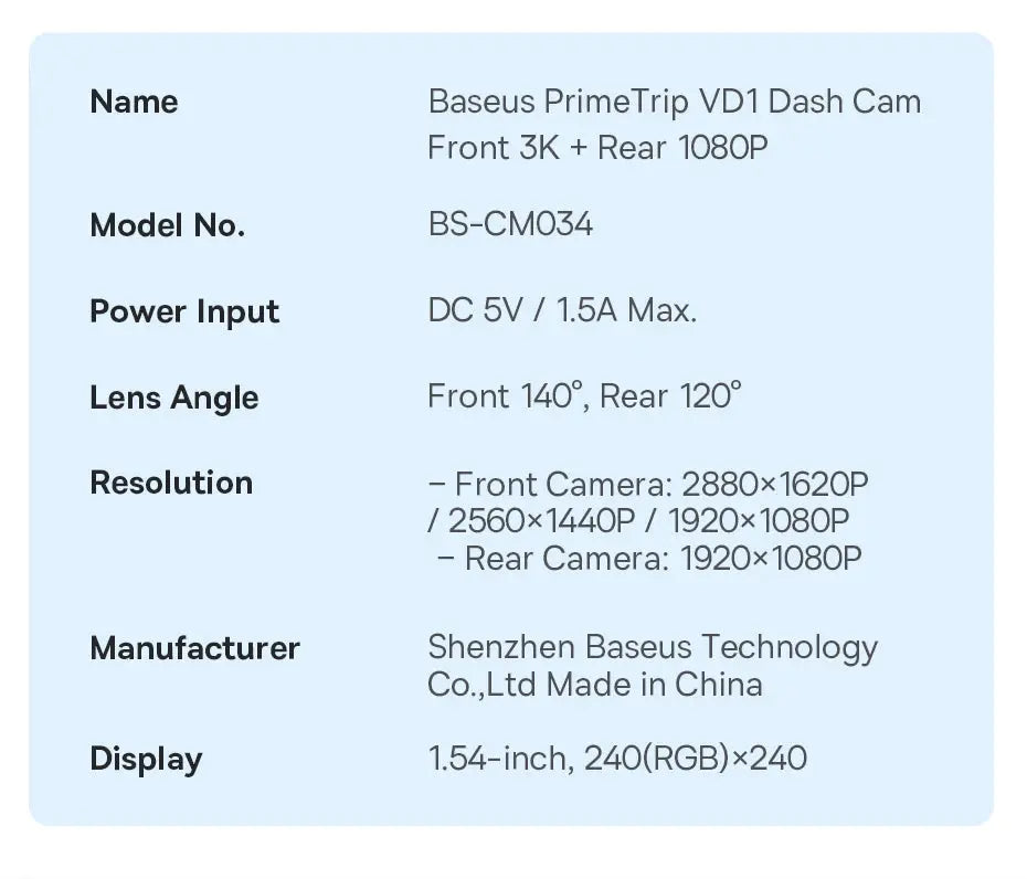 Baseus 3K Dash Cam VD1 Front and Rear Cam HD Built-in GPS Galileo Supercapacitor Car DVR Car Camera Recorder Support 24H Parking Ai-TechWorld 