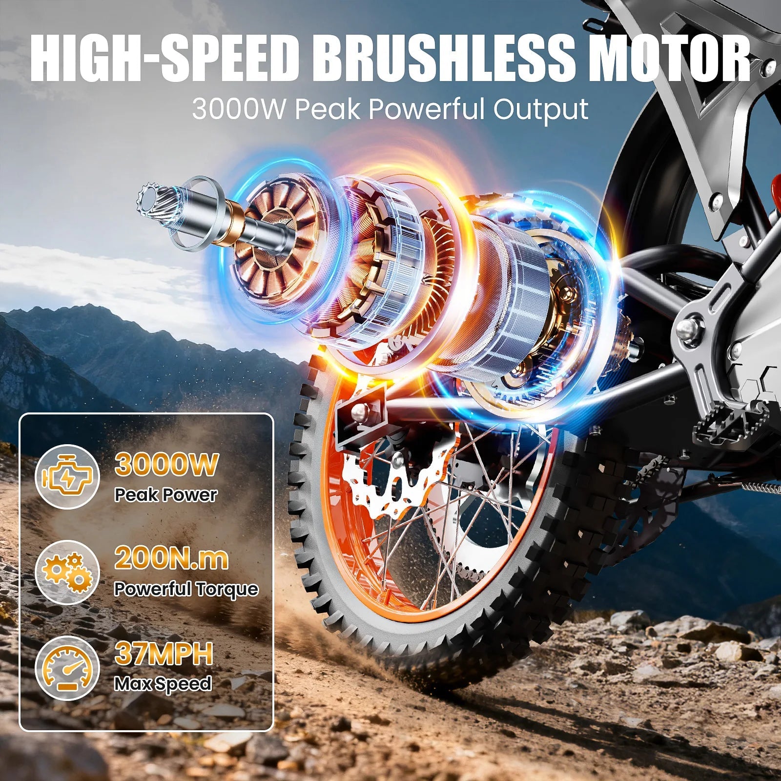 Electric Dirt Bike for Adults, 48V 3000W Peak Power Electric Motorcycle with 14"/12" Fat Tire, 37.5MPH Mountain Off-Road Ebike Ai-TechWorld 