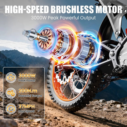 Electric Dirt Bike for Adults, 48V 3000W Peak Power Electric Motorcycle with 14"/12" Fat Tire, 37.5MPH Mountain Off-Road Ebike Ai-TechWorld 