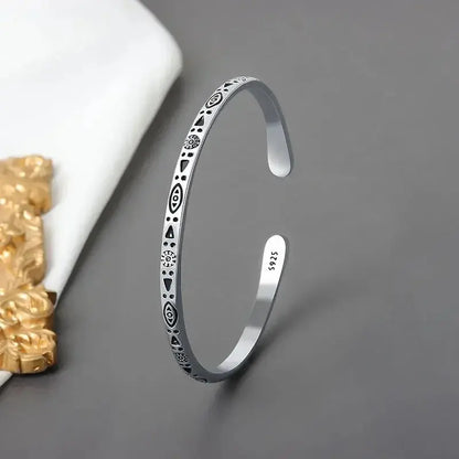 Retro Tibetan Six-Character Mantra Bracelet Scripture Lotus Opening Silver Plated Bracelet Twisted Line Men\\\'s Cuff Bracelet Ai-TechWorld 