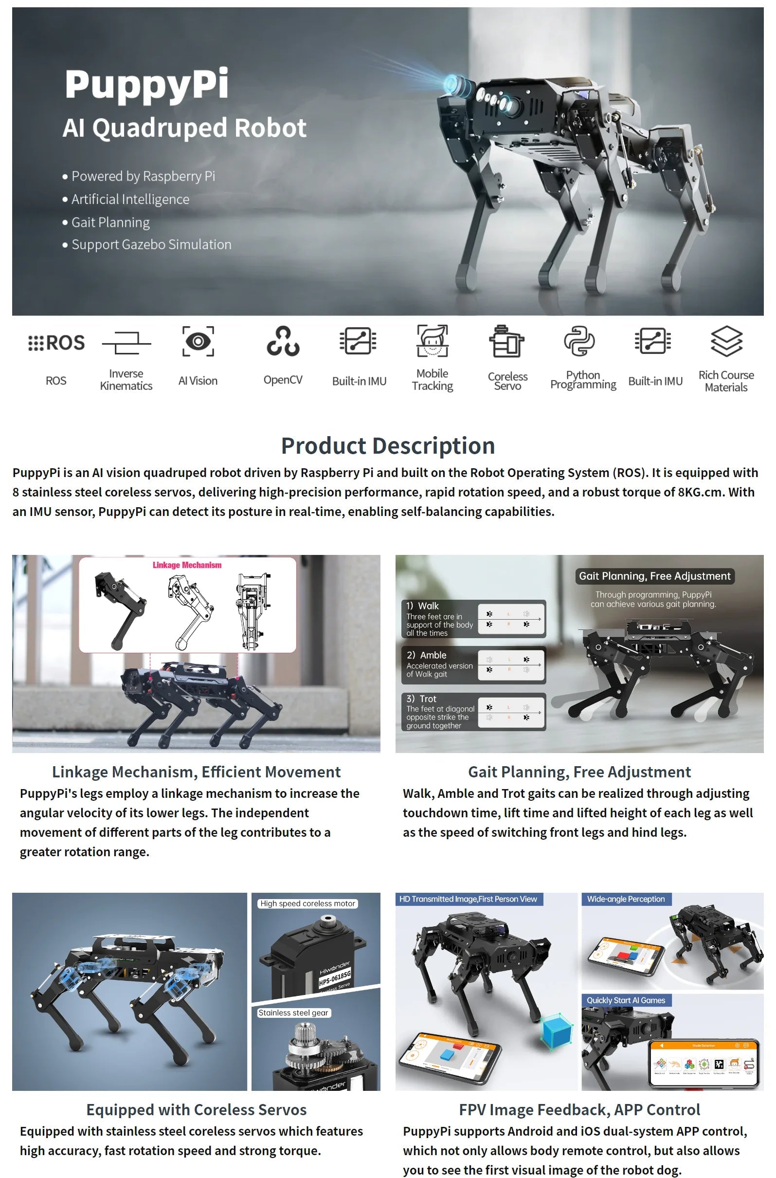 Hiwonder PuppyPi ROS quadruped robot dog, bionics, intelligent programming, AI visual recognition Ai-TechWorld 