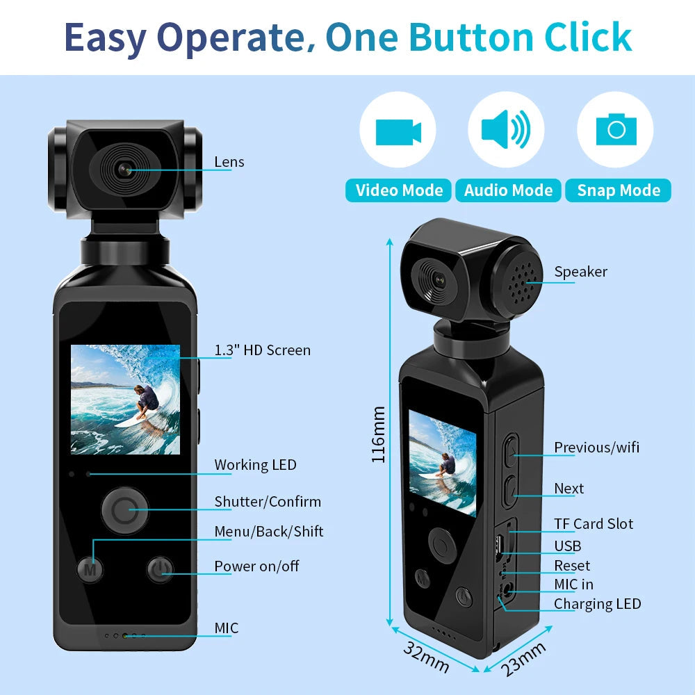 Mini Cam 4K 1080P Pocket Camcorder HD Cam 1.3" LCD Screen 270° Rotatable Wifi Mini Camera with Waterproof Case Motion Cameras Ai-TechWorld 