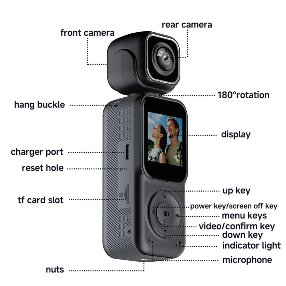 4K Dual lens Pocket Camera WIFI Vlog Camera Outdoor DV 180° Rotatable Anti-shake Bodycam Sports Action Portable Recorder Ai-TechWorld 
